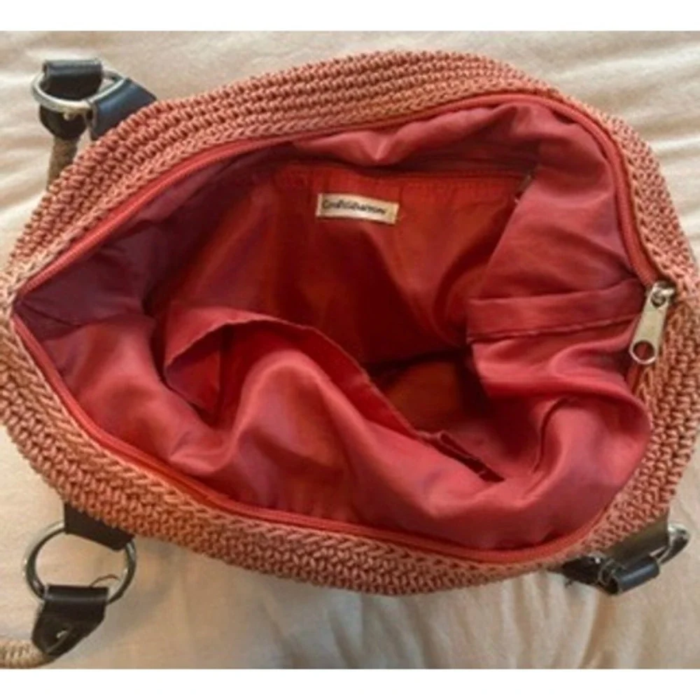 Croft & Barrow Crochet Knit Shoulder Bag Coral Taupe Colorblock Faux Leather